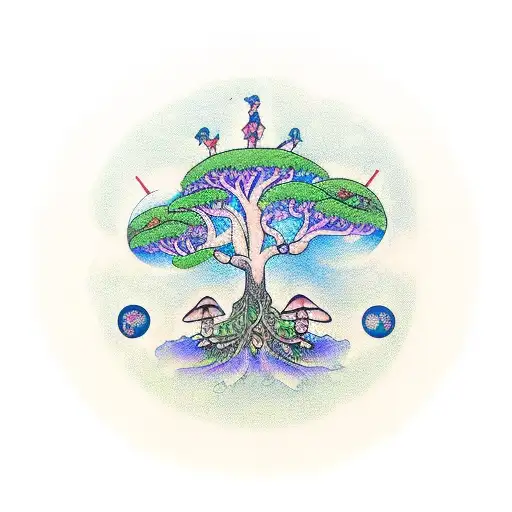 goddess tree of life with fairy swinging from a branch and gnomes dancing in a circle around mushrooms with the moon  tattoo design idea