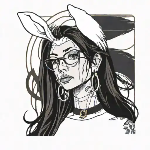 sexy skinny european woman, long face, long brown straight hair, big roman nose, glasses, thin lips, white bunny ears tattoo design idea
