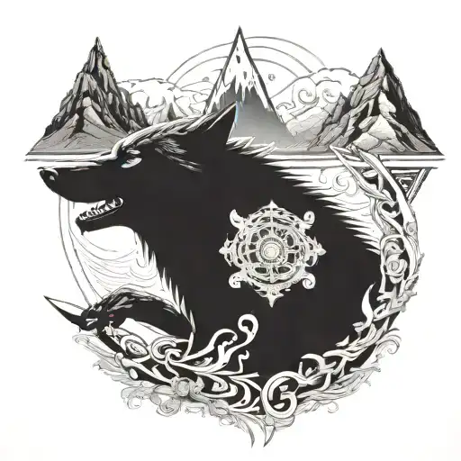 An intricate design combining elements from Assassin's Creed and Elder Scrolls, featuring a wolf, a sword, and a valley tattoo design idea