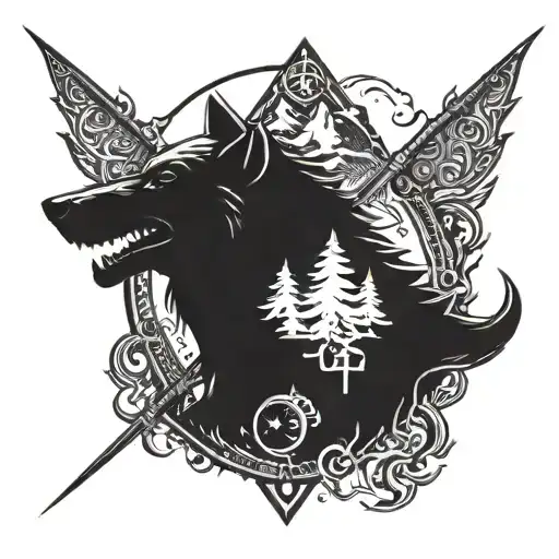 An intricate design combining elements from Assassin's Creed and Elder Scrolls, featuring a wolf, a sword, and a valley tattoo design idea