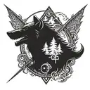 An intricate design combining elements from Assassin's Creed and Elder Scrolls, featuring a wolf, a sword, and a valley tattoo design idea