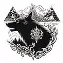 An intricate design combining elements from Assassin's Creed and Elder Scrolls, featuring a wolf, a sword, and a valley tattoo design idea