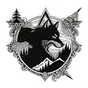 An intricate design combining elements from Assassin's Creed and Elder Scrolls, featuring a wolf, a sword, and a valley tattoo design idea