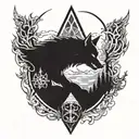 An intricate design combining elements from Assassin's Creed and Elder Scrolls, featuring a wolf, a sword, and a valley tattoo design idea