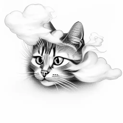 minimalist cat tattoo shrouded in smoke or clouds tattoo design idea