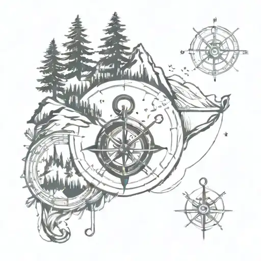 mountain, trees, anchor, surrounded by compass tattoo design idea