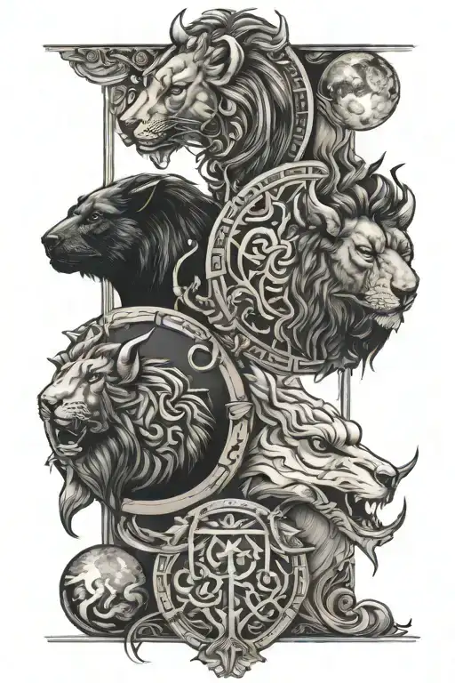 Zodiac Sign Leo, Capricorn, Gemini and Pisces tattoo design idea