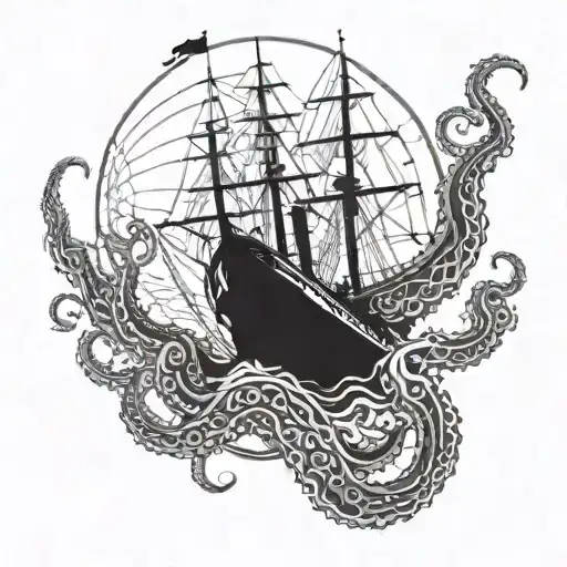A majestic kraken emerging from the depths of the ocean, wrapping its tentacles around a vintage merchant marine ship tattoo design idea