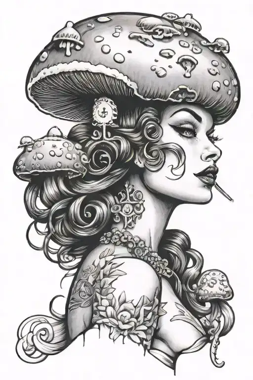 Pin up girl made up our of mushroom coming out of head tattoo design idea