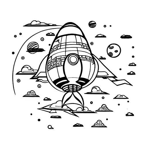 a rocket-ship design from the 50’s infront of a traditional Chinese lantern tattoo design idea