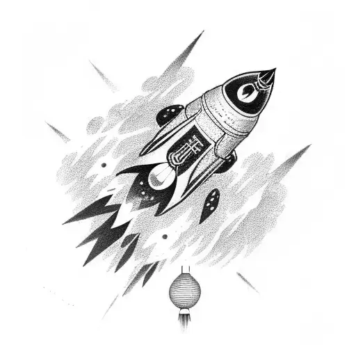 a rocket-ship design from the 50’s infront of a traditional Chinese lantern tattoo design idea