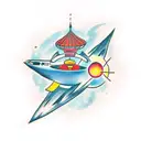 rocket ship infront of a chinese lantern tattoo design idea