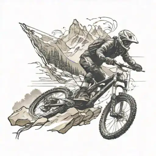 A downhill mountain biking scene with a trader analyzing stock graphs in the background tattoo design idea