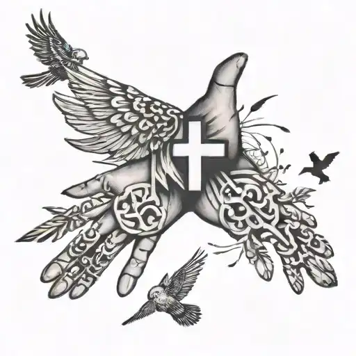 hand tattoo with 3 crosses side by side with birds flying  in the background  tattoo design idea
