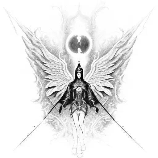 an androgynous angel like entity that represents the duality between good and evil tattoo design idea