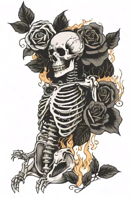 Skeleton burn in fire while rose bloom  tattoo design idea