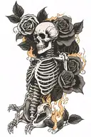 Skeleton burn in fire while rose bloom  tattoo design idea