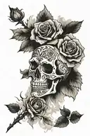 Skeleton burn in fire while rose bloom  tattoo design idea