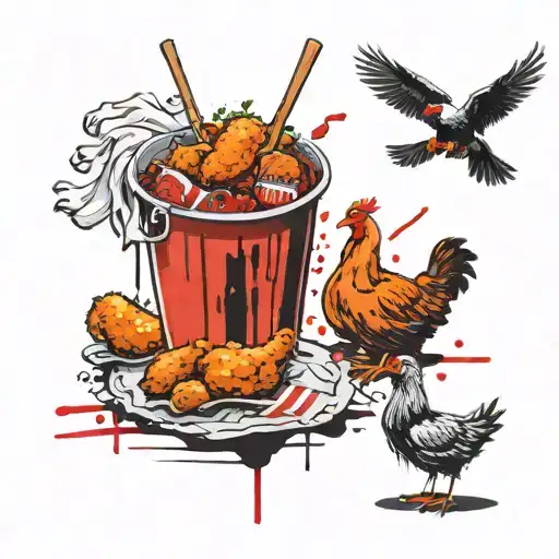 in the background there is a bucket of KFC and legs and wings, and in the foreground there is a chicken or goose tattoo design idea