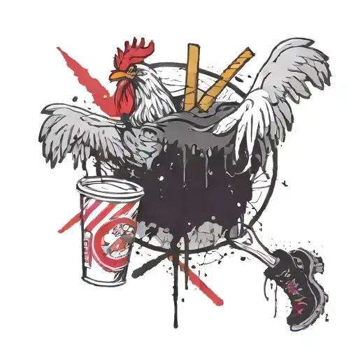 in the background there is a bucket of KFC and legs and wings, and in the foreground there is a chicken , hard tattoo design idea