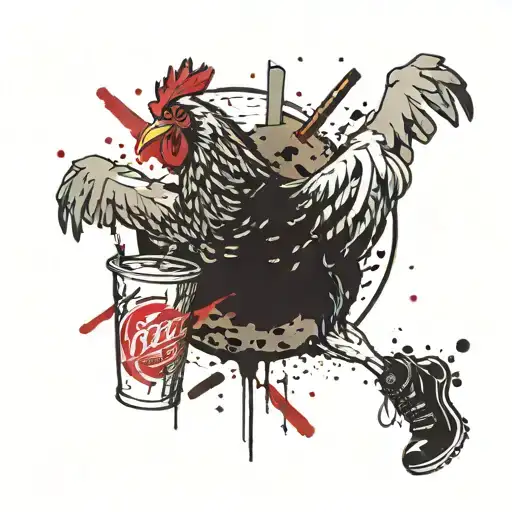 in the background there is a bucket of KFC and legs and wings, and in the foreground there is a chicken , hard tattoo design idea