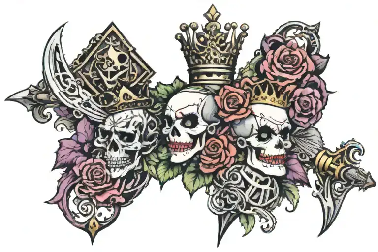 Bramble Sword Joker Crown 👑 Rose 3 Jack Card tattoo design idea