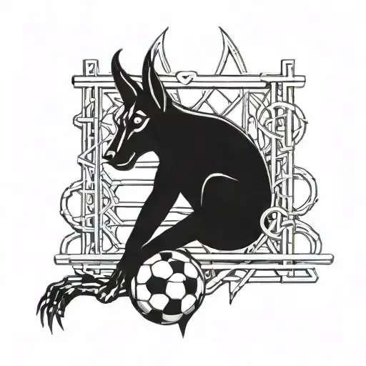 An Anubis-inspired tattoo design incorporating football elements, such as a soccer ball and goal posts tattoo design idea