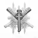 religious things like crosses mixed in with ice hockey things like sticks and pucks as a forearm tatoo tattoo design idea