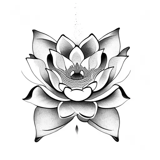 A black-grey tattoo of a lotus flower blooming in a serene pond tattoo design idea