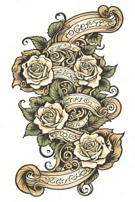 olds scroll with names written and roses and vines around it tattoo design idea