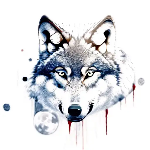 wolf howling at moon with blood dripping from mouth with paw prints tattoo design idea