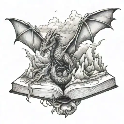 book with mountains and dragons flying tattoo design idea