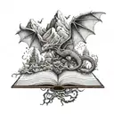 book with mountains and dragons flying tattoo design idea