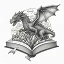 book with mountains and dragons flying tattoo design idea