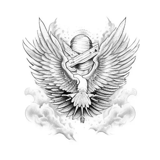 cuervo volando y batiendo las alas en mozo atacando una presa. con estilo celta y nórdico con adornos de runas tattoo design idea