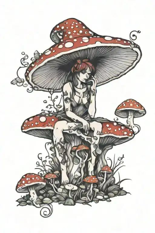 Fairy sitting under Amanita Muscaria Mushroom tattoo design idea