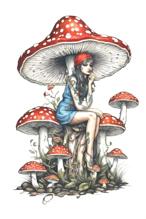 Fairy sitting under Amanita Muscaria Mushroom tattoo design idea