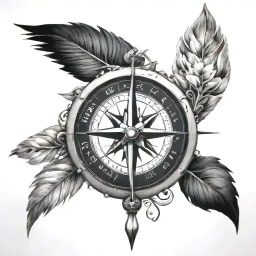A black-grey tattoo of a compass rose with musical instruments as the cardinal directions, reflecting your love for travel and music tattoo design idea
