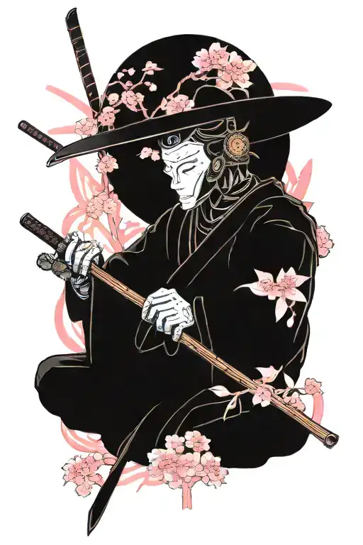 sleeping ronin with katana under a large pink cherry blossom tree tattoo design idea