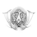 A blackwork tattoo showcasing a dove and daffodil forming the shape of a breast cancer ribbon tattoo design idea