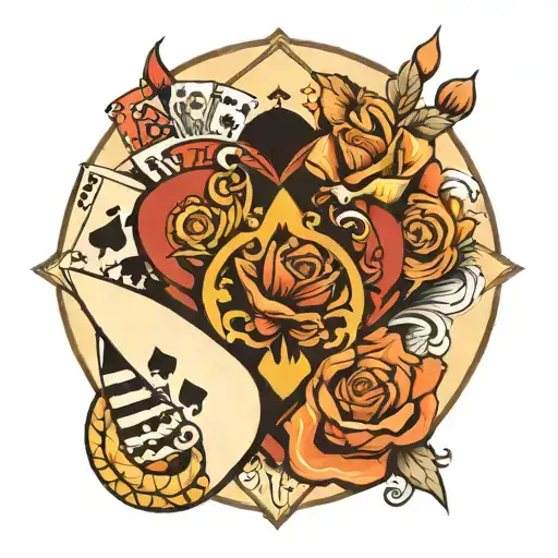 Royal flush, warm tones, circle shape. tattoo design idea