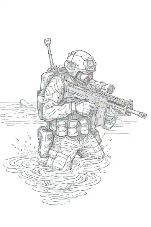 Machine gunner wading through water looking away  tattoo design idea