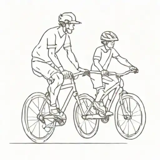 Dad behind his son,teaching him how to bike silouhette. Design made with thin abstract continuous line, one line one. tattoo design idea
