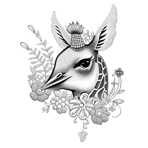 A whimsical garden scene with crocheted flowers and a cardinal perched on a giraffe's back tattoo design idea