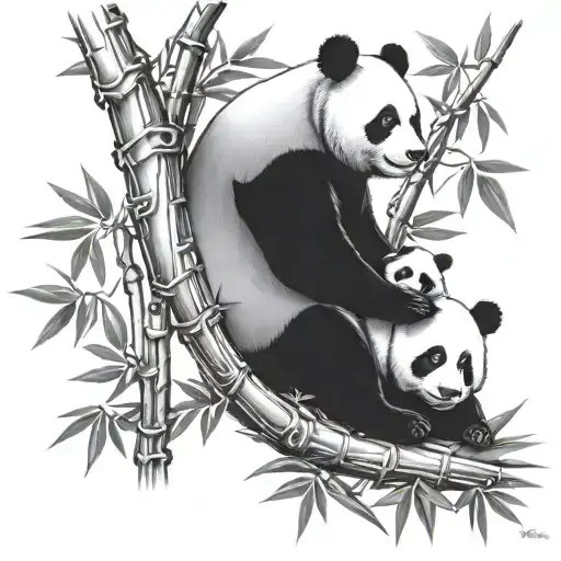 panda family of four on a bamboo tree tattoo design idea
