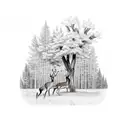 whitetail deer with trees and sky in background tattoo design idea
