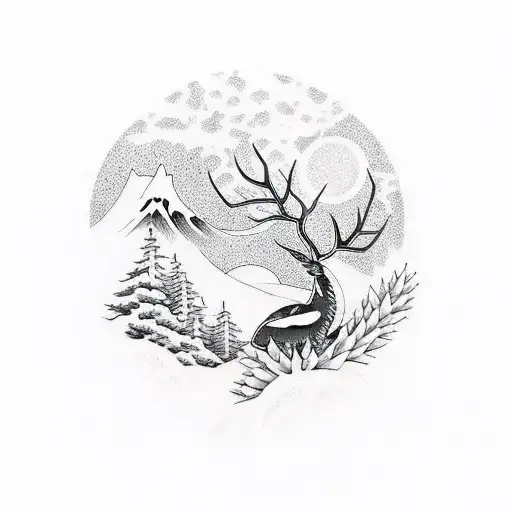 deer Pine tree moon tattoo design idea