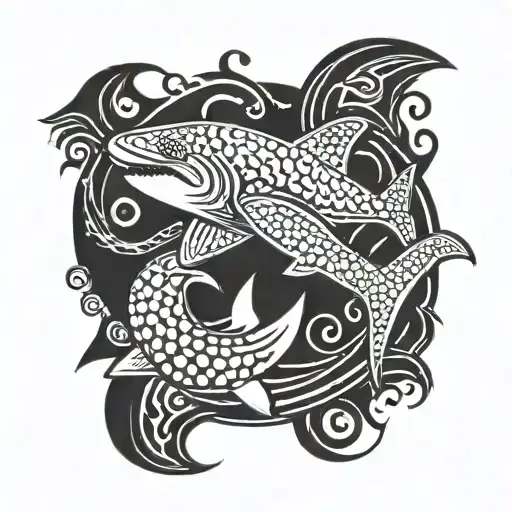 Japanese waves and whale shark jumping tattoo design idea