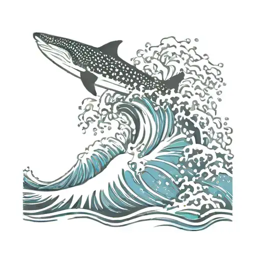 Japanese waves and whale shark jumping tattoo design idea