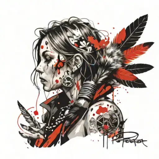 girl with feather with honey comb backround tattoo design idea